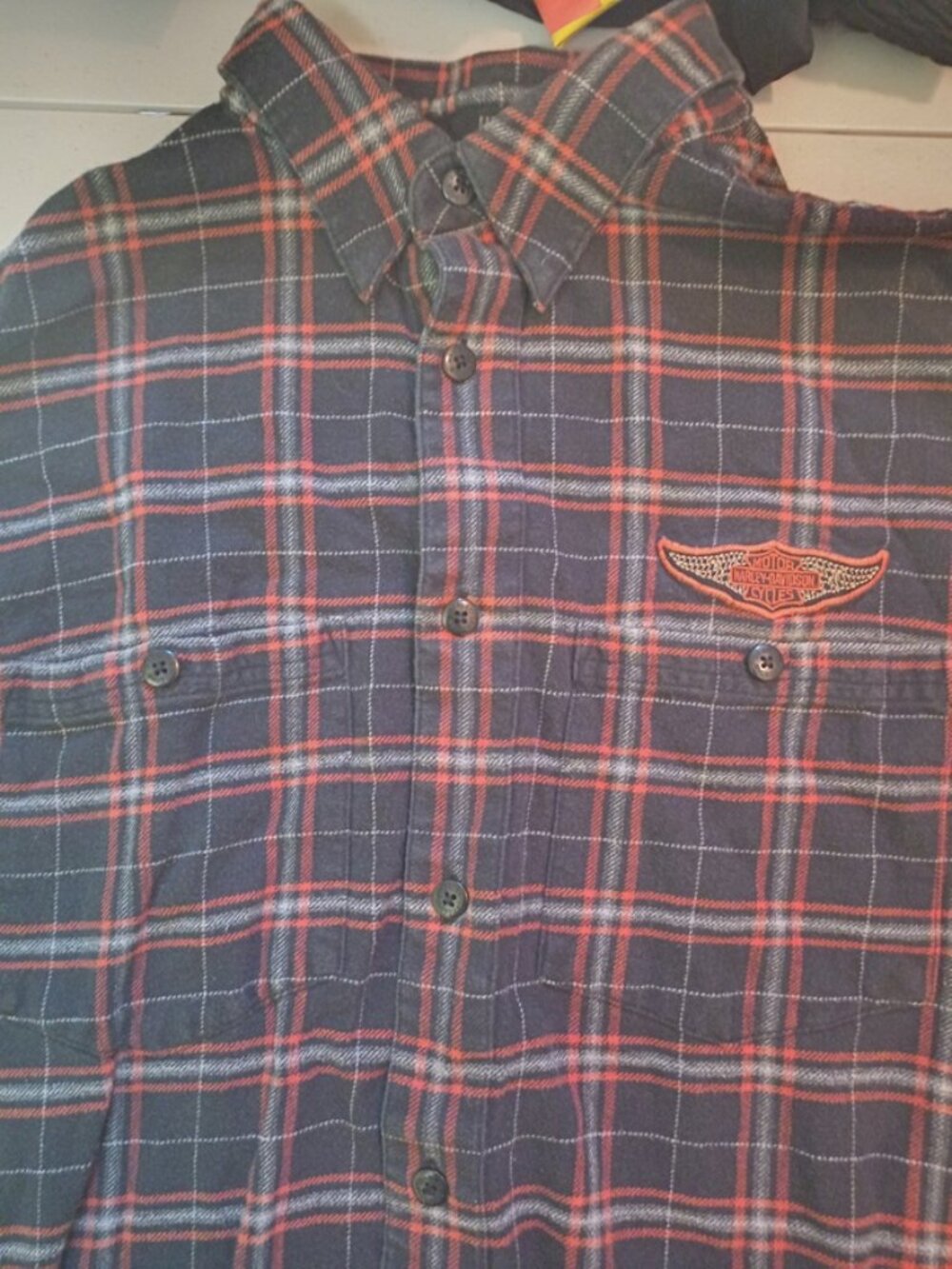 Vintage Harley Davidson Adult Medium Black Orange Button Down Flannel Shirt EUC